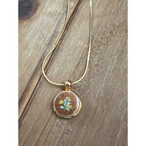 Vintage Gold Tone Locket Necklace With Hand-Painted Floral Design & Box